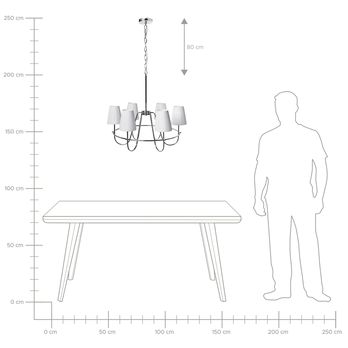 Six Light Pendant Chandelier Silver Fabric Shades