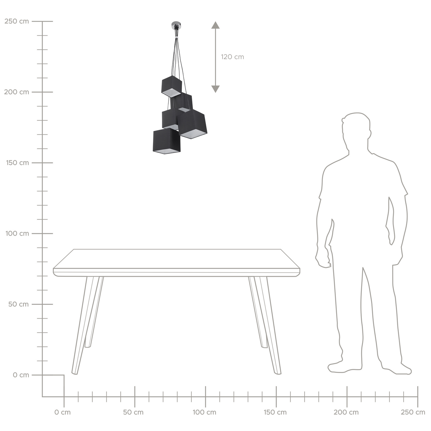5-Light Cluster Pendant In Black With Square Fabric Shades Adjustable Height