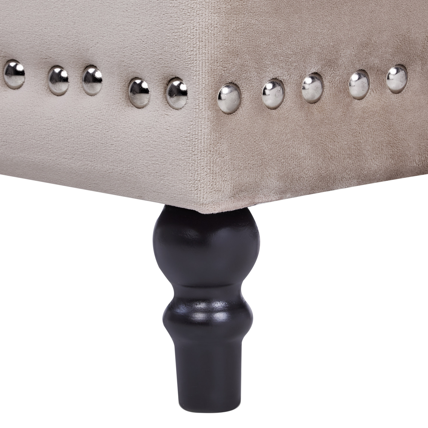Footstool Beige Velvet Upholstery Button Tufted With Nailhead Trim And Solid Wood Legs
