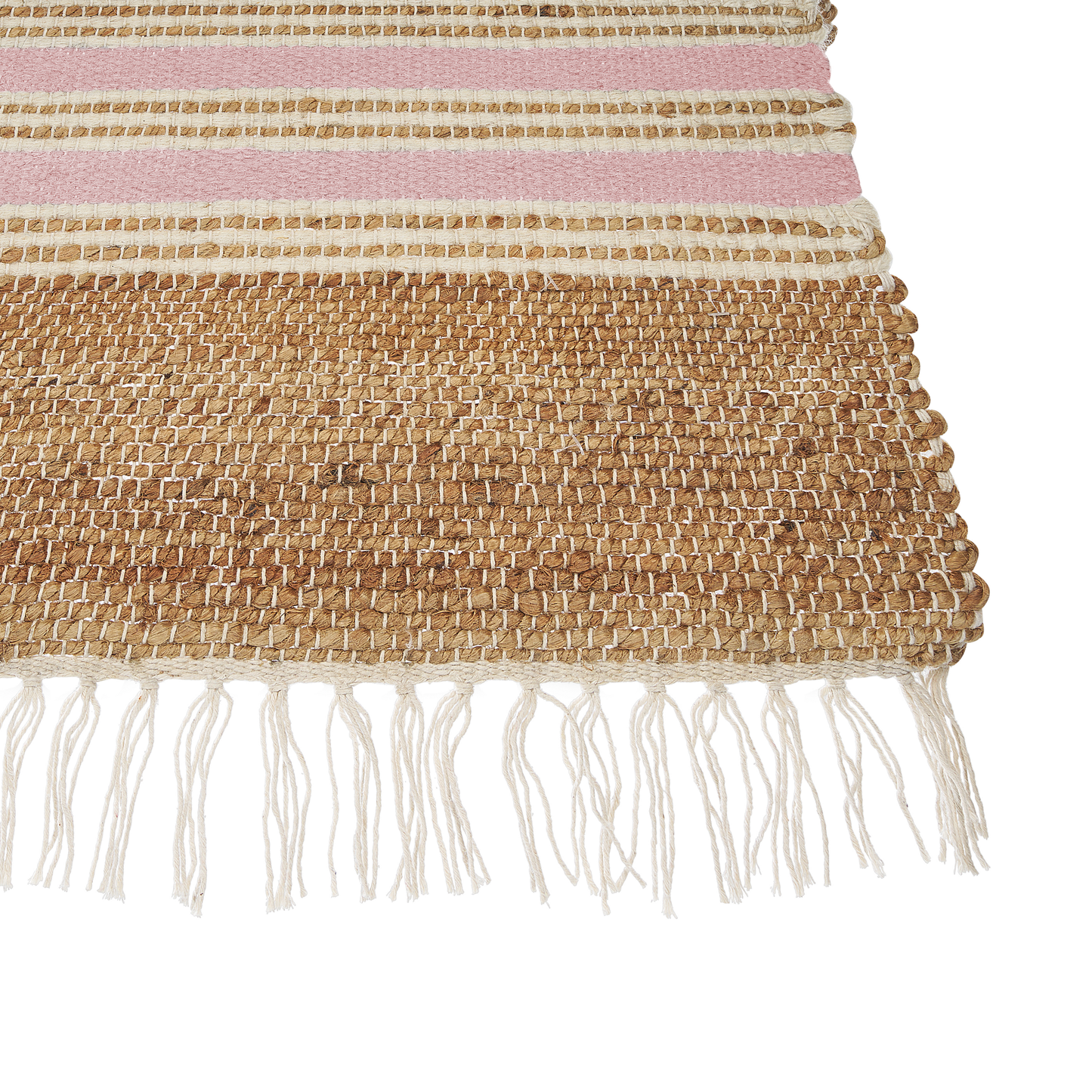 Jute Dhurrie Rug 80 x 150 Beige Pink Tassels Handwoven Striped