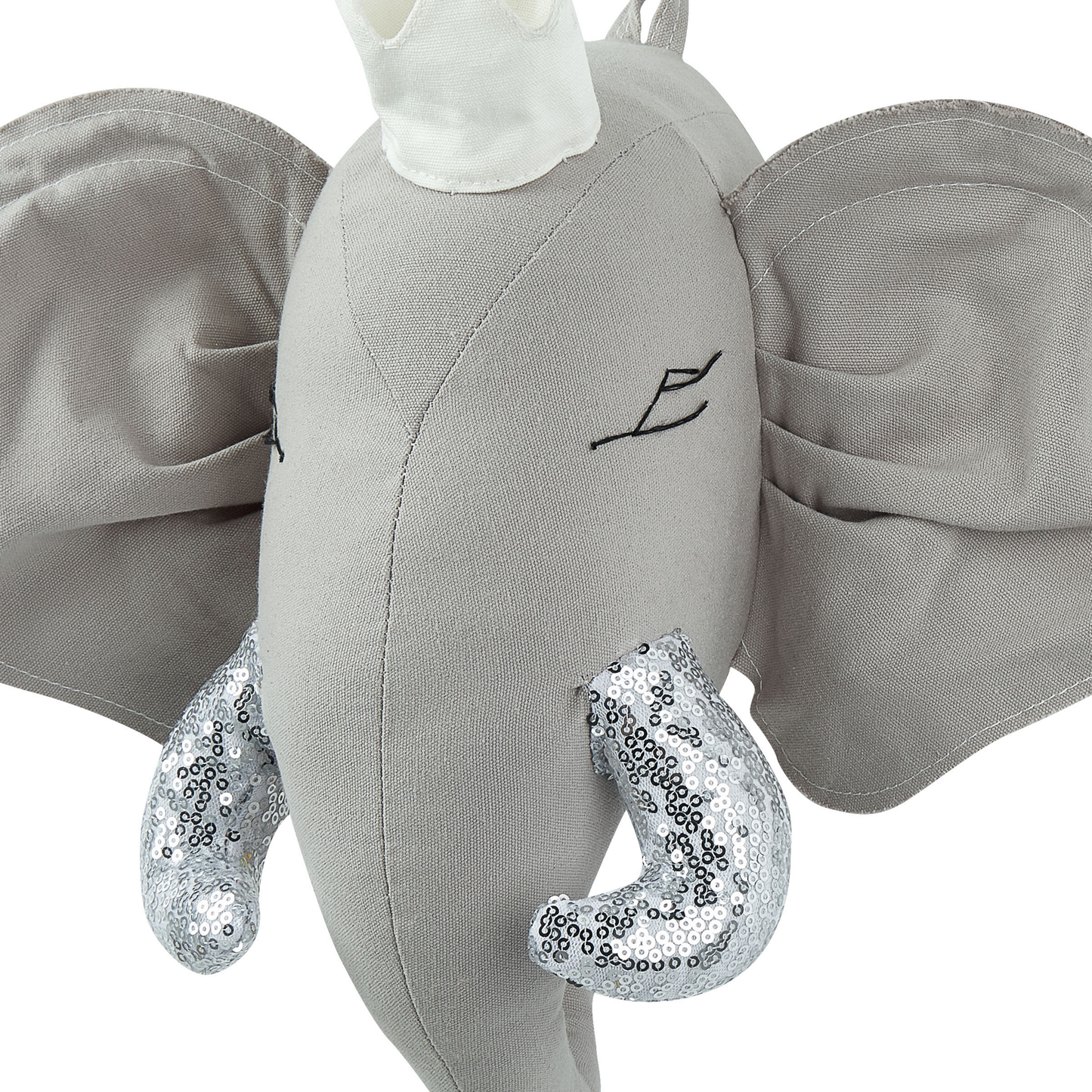 Plush Grey Elephant Head Wall Decor With Crown And Silver Sequin Fangs