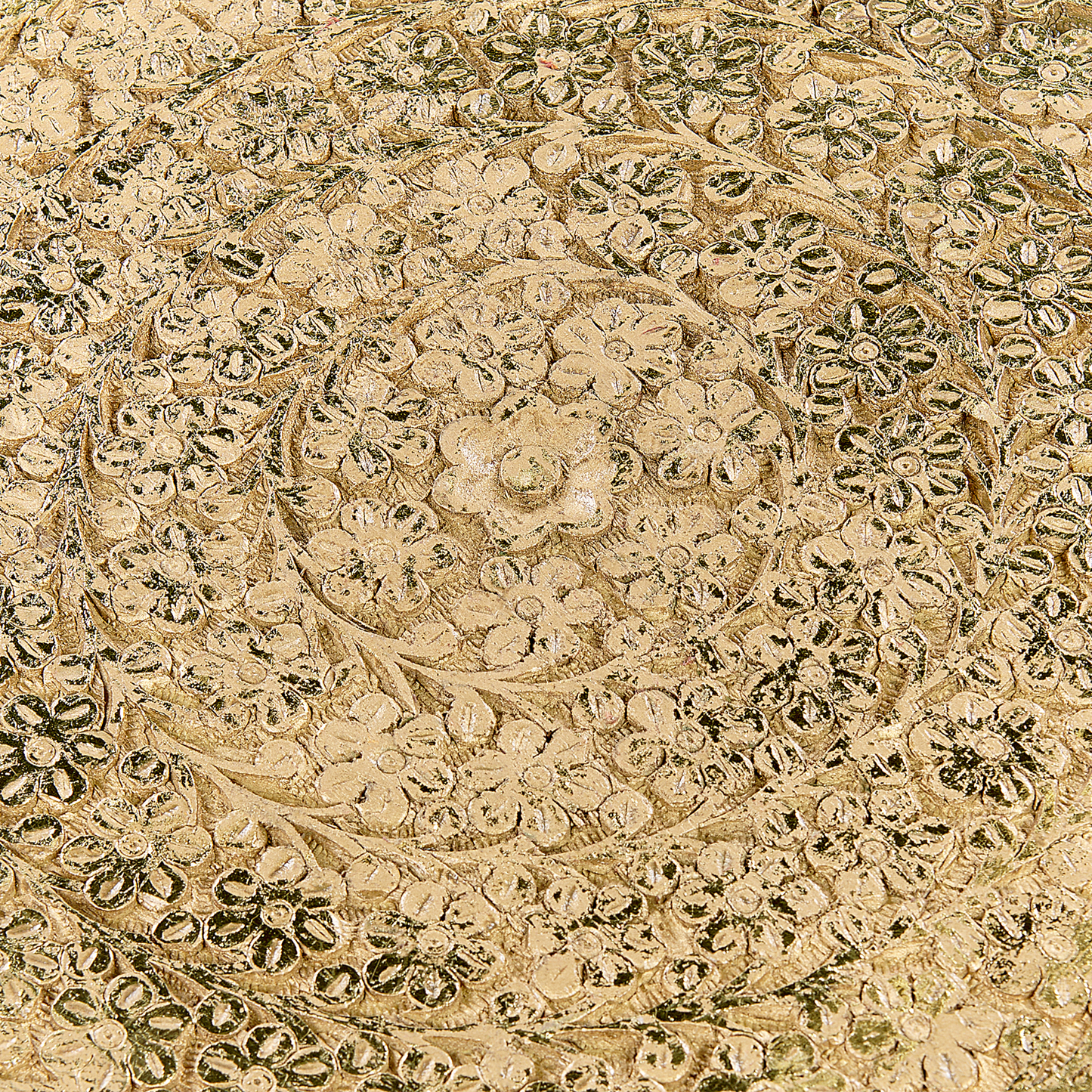 Set Of 2 Gold Distressed Carved Pattern Side Tables