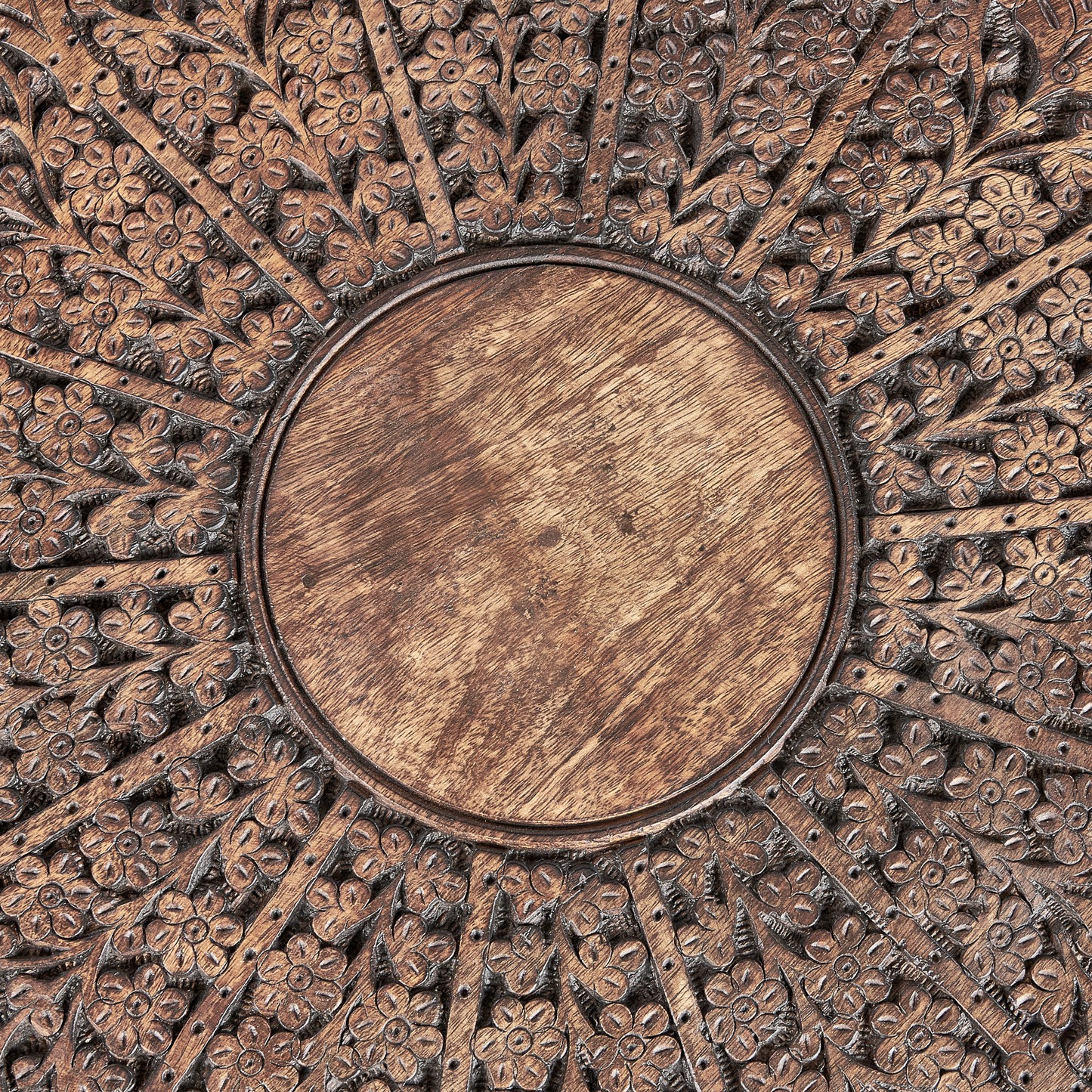 Side Table Dark Mango Wood Round Carved Top Dia 53cm