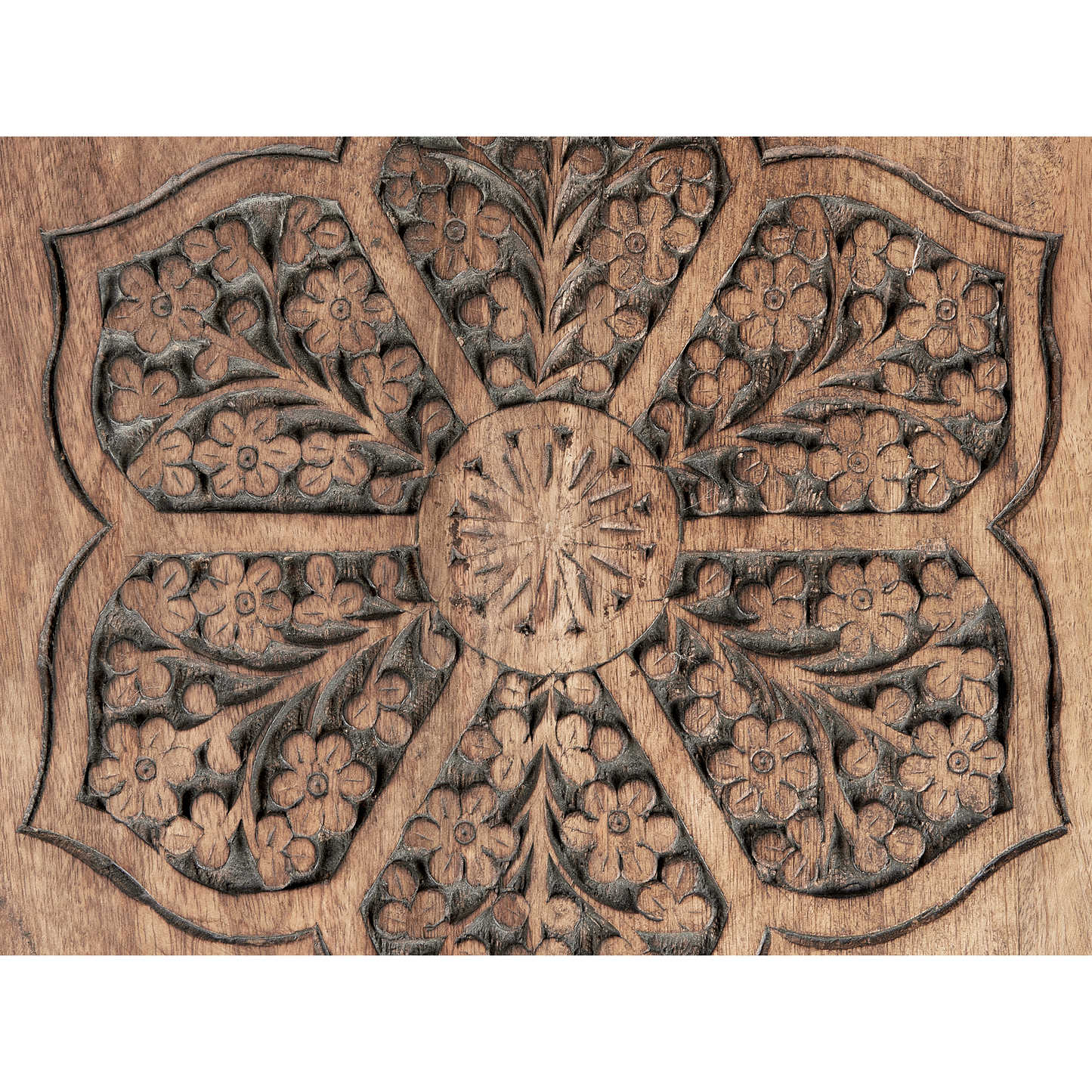 Dark Mango Wood Side Tables Set of 2 with Oriental Design for Small Living Rooms