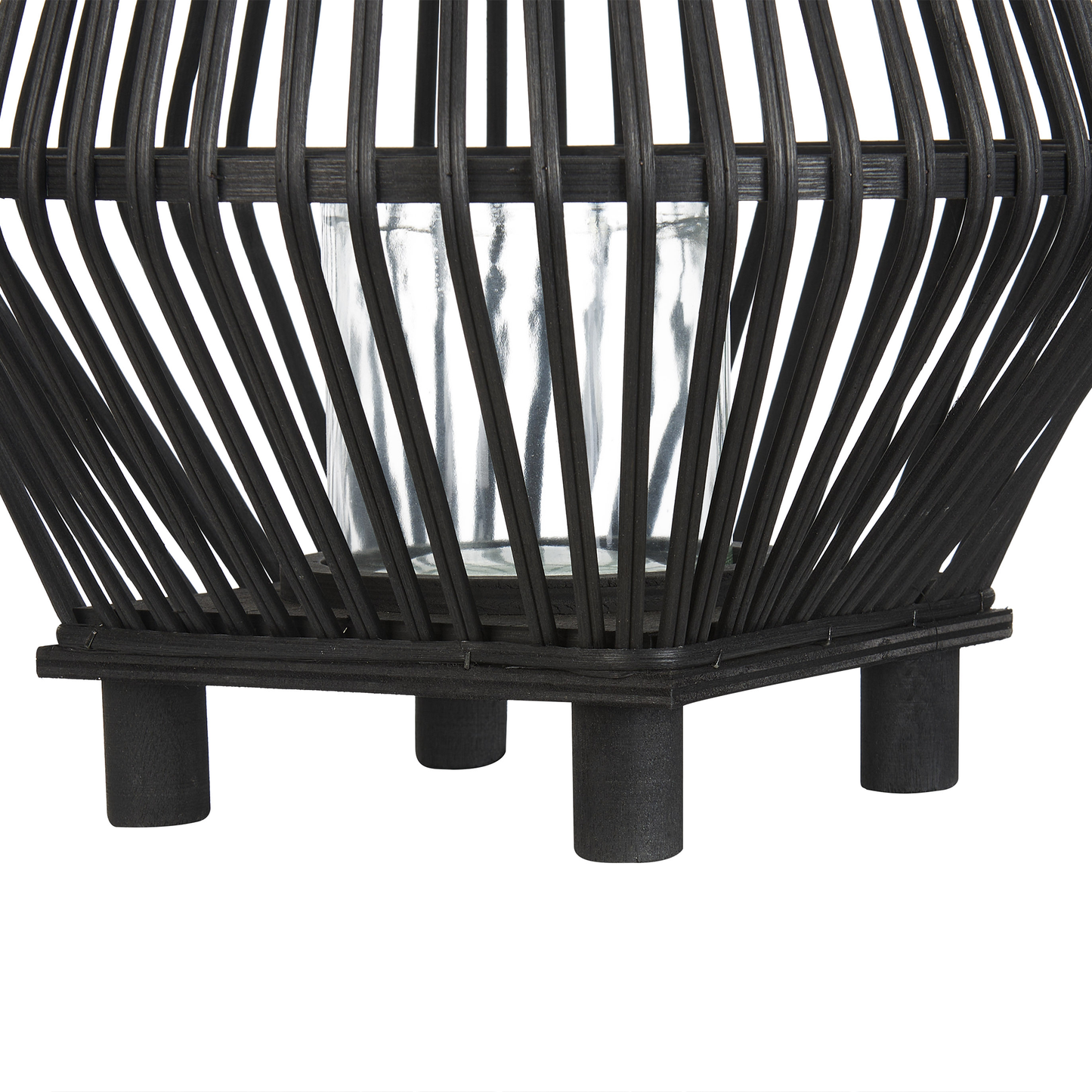 Candle Lantern Black Bamboo Wood 38cm With Glass Floor Insert Boho Indoor