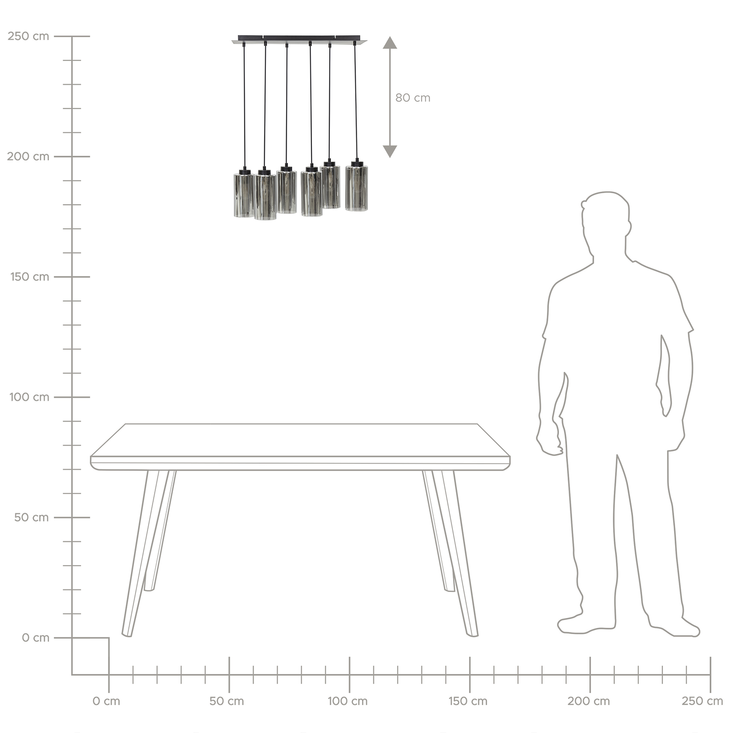 Hanging Lamp Grey Black Iron Base Glass Smoked Shade 6-Light