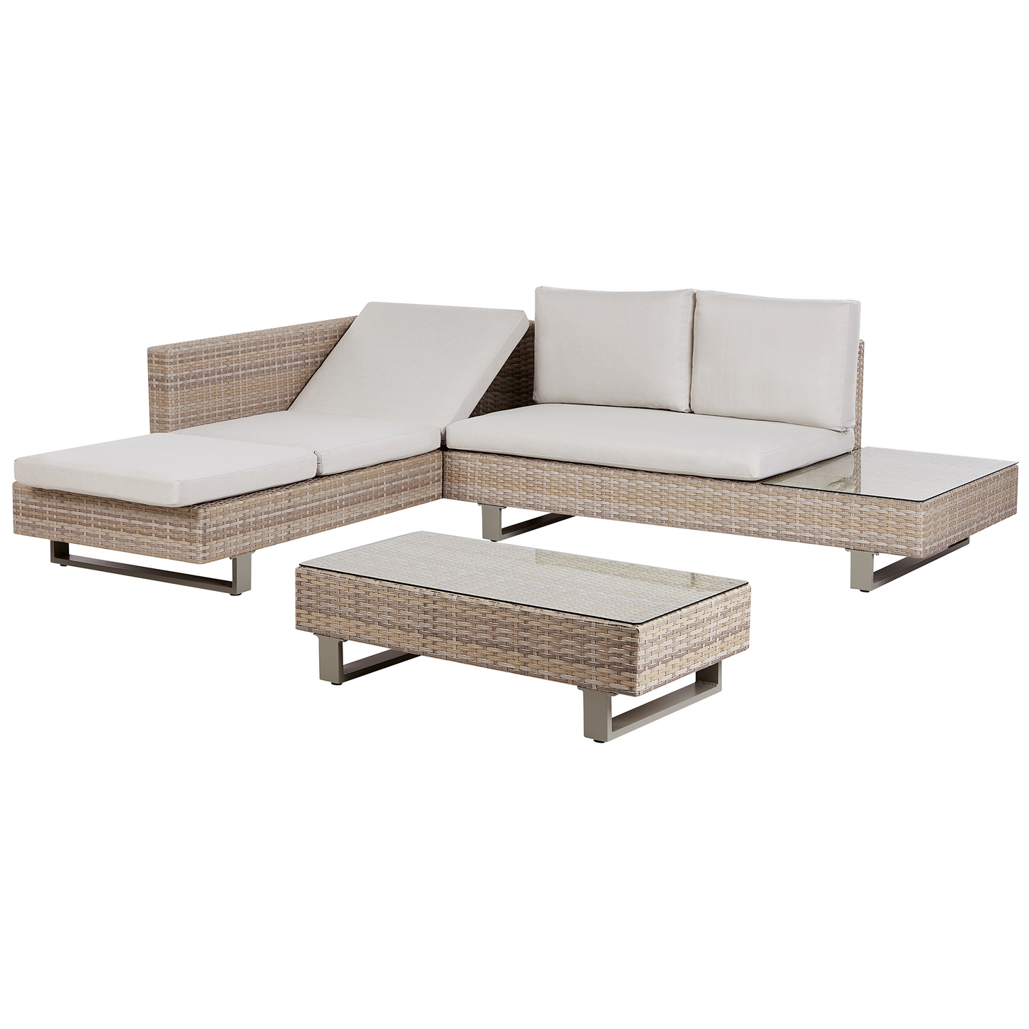 Veranda Luxe Corner Sofa Garden Set With Off White Cushions Beige Faux Rattan 5 Seater Coffee Table