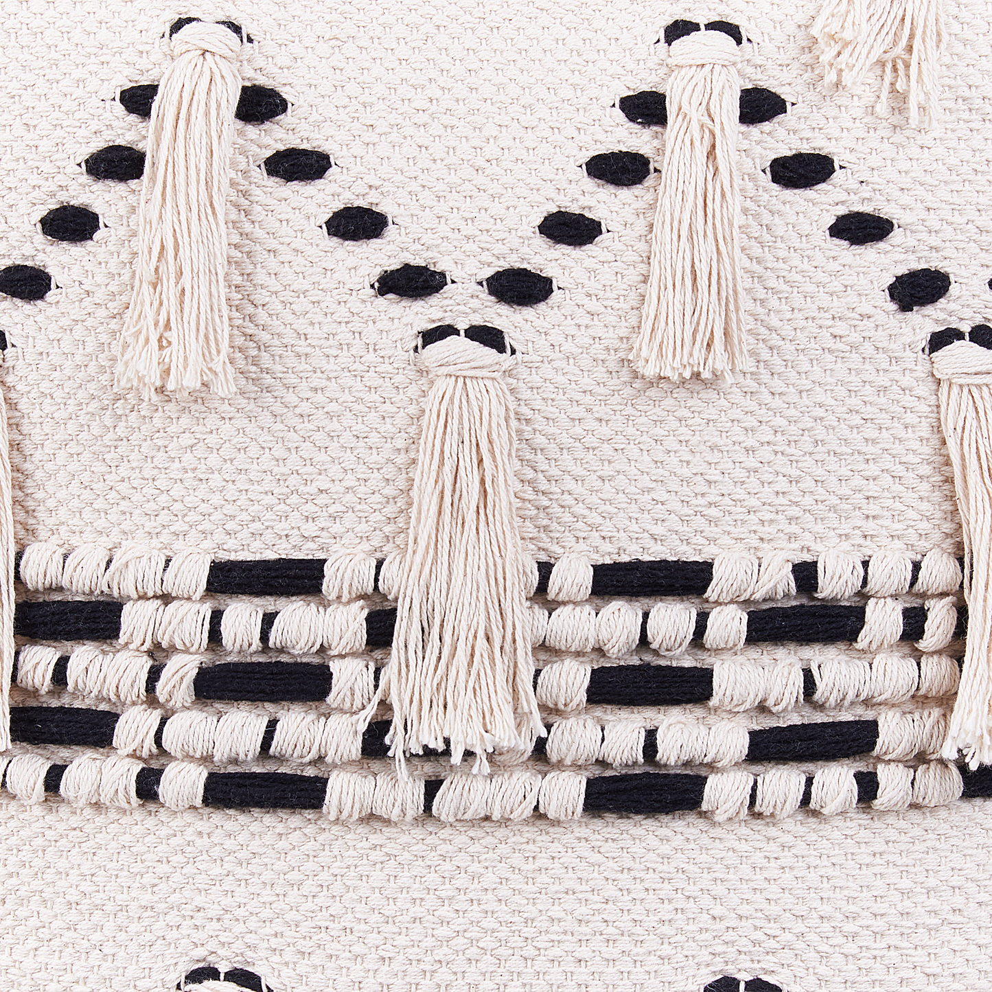 Pouffe Beige With Black Cotton Knit Tassels