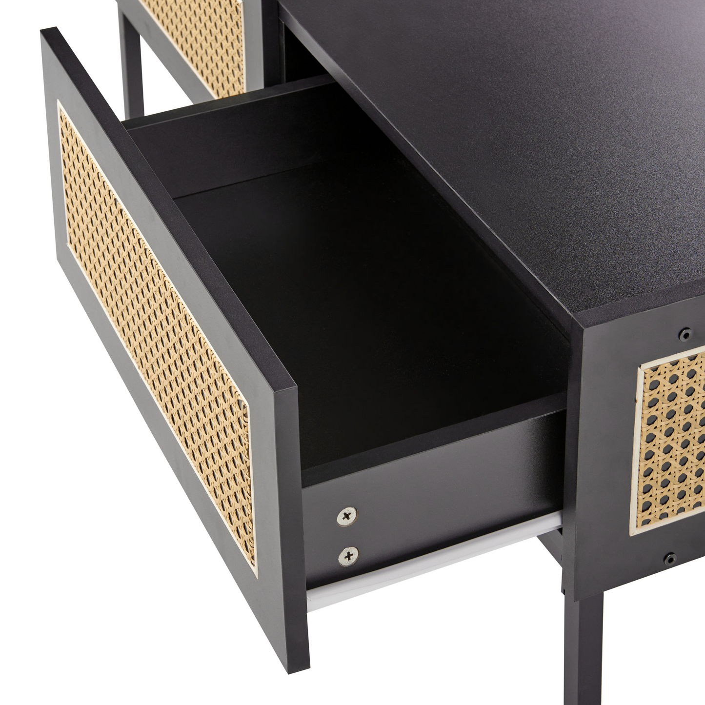 CasaBoho Viennese Braid Coffee Table Black MDF Iron Frame Rattan Drawers 97 x 57 x 42 cm