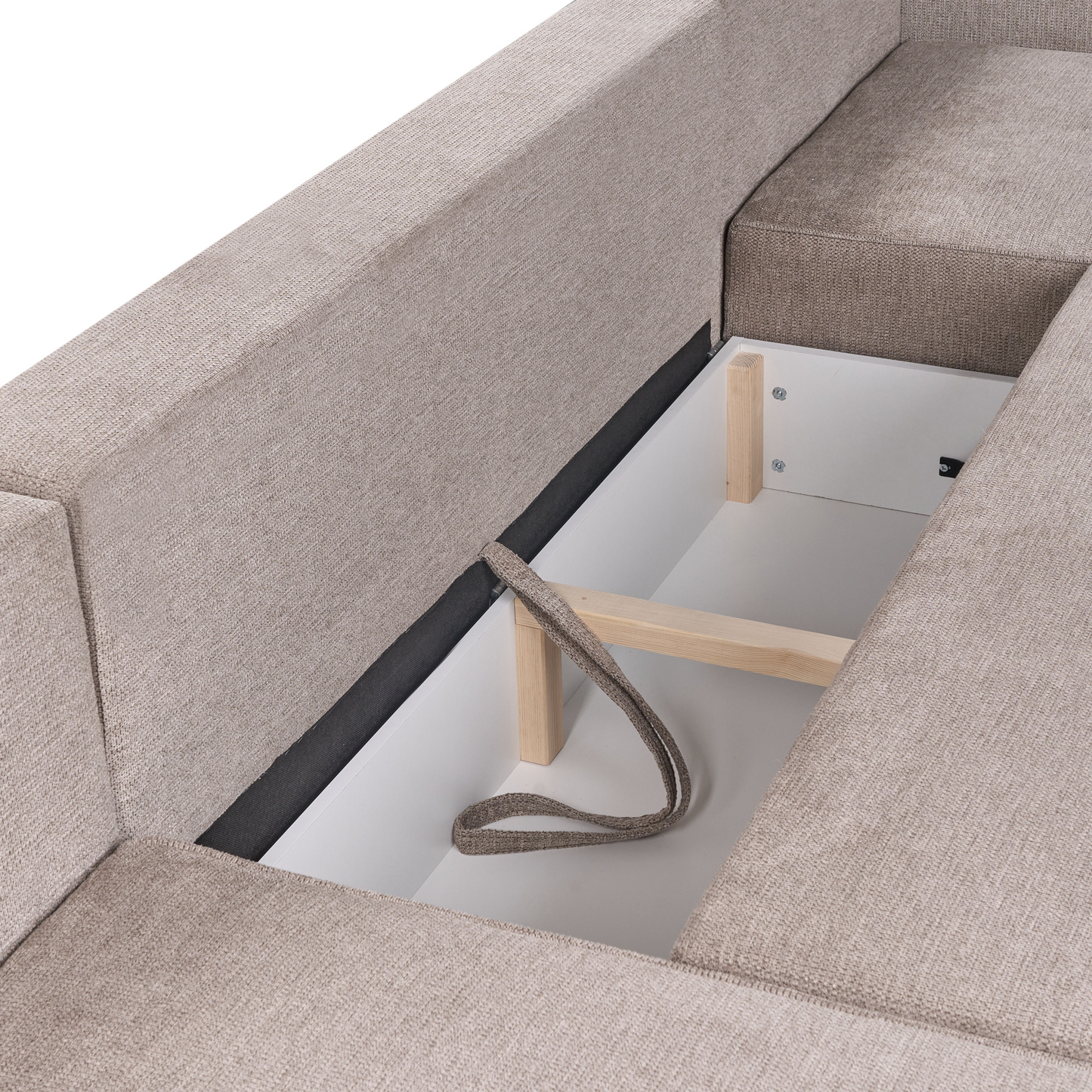 Four Seater U Shaped Sofa Light Brown Polyester With Storage And Sleep Function