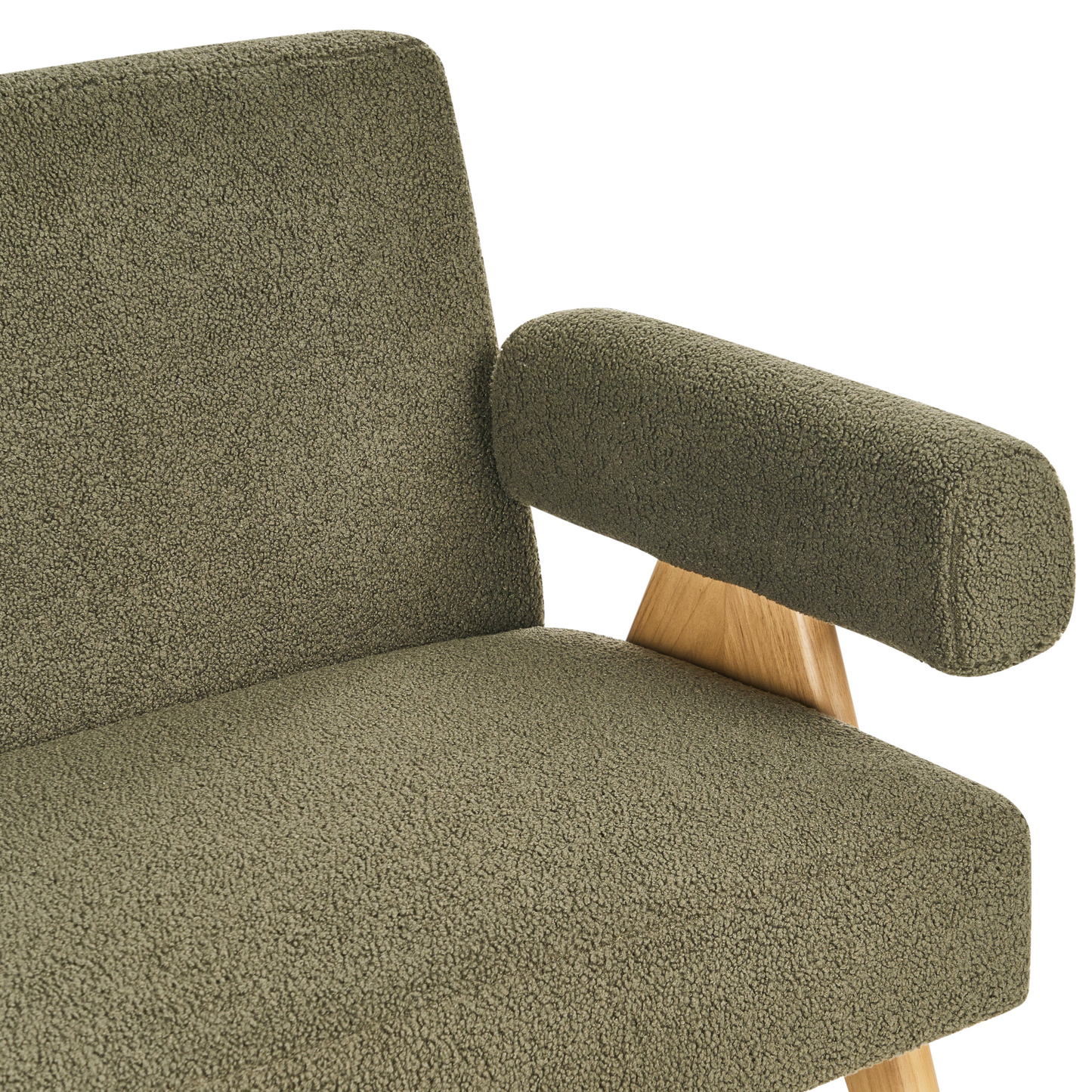 Asterra Boucle Sofa Set 2 Seater Green and Light Brown Wooden Legs