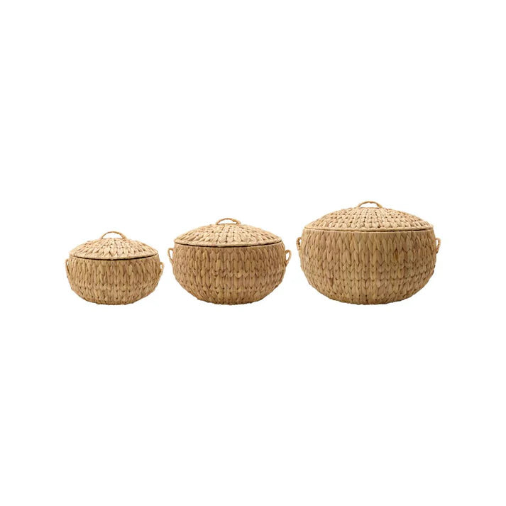 Lidded Water Hyacinth Round Storage Baskets