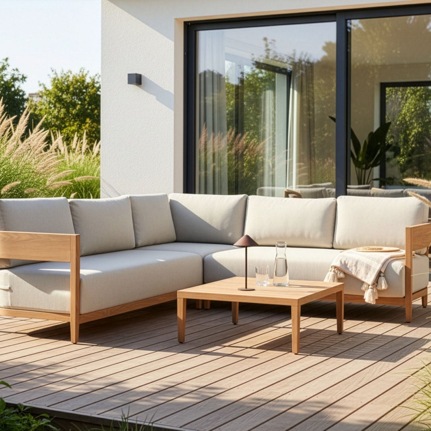 Corner Sofa Set 5 Seater Aluminum Frame Beige Cushions
