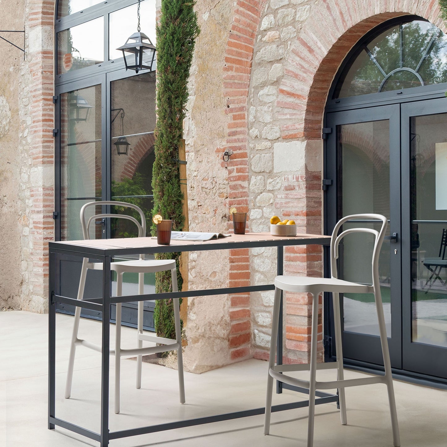 Beige Plastic Bar Chairs Set of 2 Weatherproof