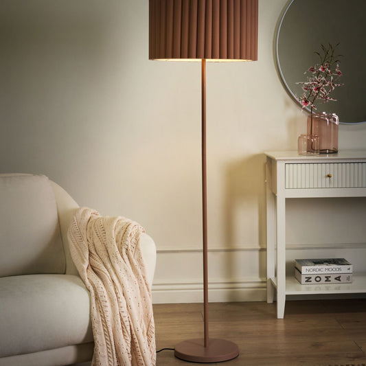 Brown Polyester Linen Floor Lamp 155cm Drum Shade