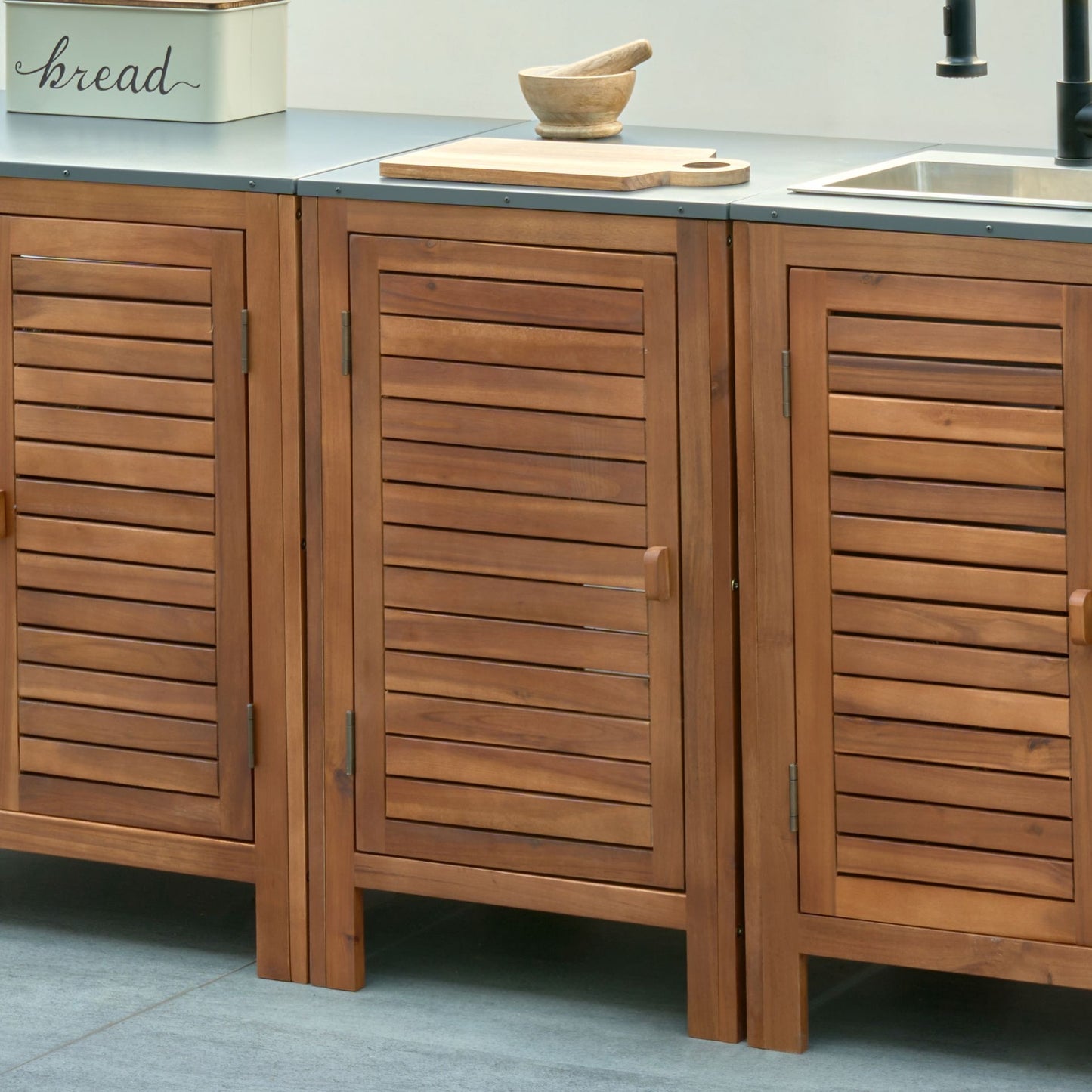 Outdoor Kitchen Cabinet Brown Acacia Wood Steel Top Door