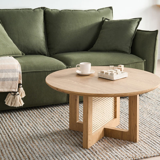 LuxeLiving Light Brown Coffee Table Rattan Base MDF 80 Cm Diameter Classic Modern Design