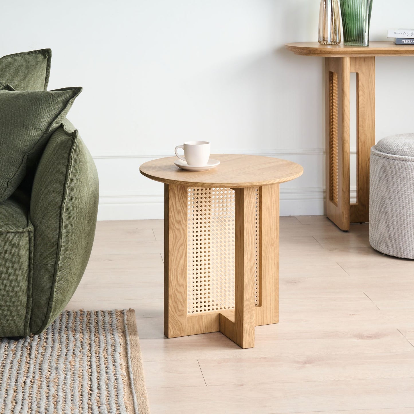 LuxeHaven Side Table Light Brown MDF With Rattan Base 50 cm
