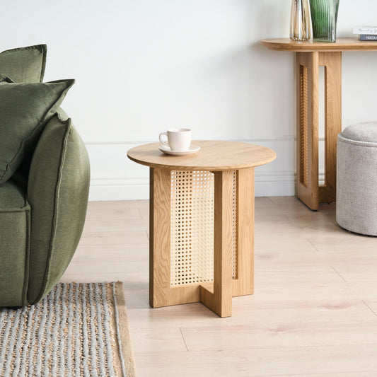 LuxeHaven Side Table Light Brown MDF With Rattan Base 50 cm