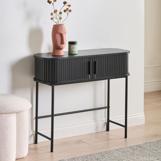 BrandName Retro Console Table Black MDF and Metal 80 x 30 cm Sliding Cabinet for Living Room