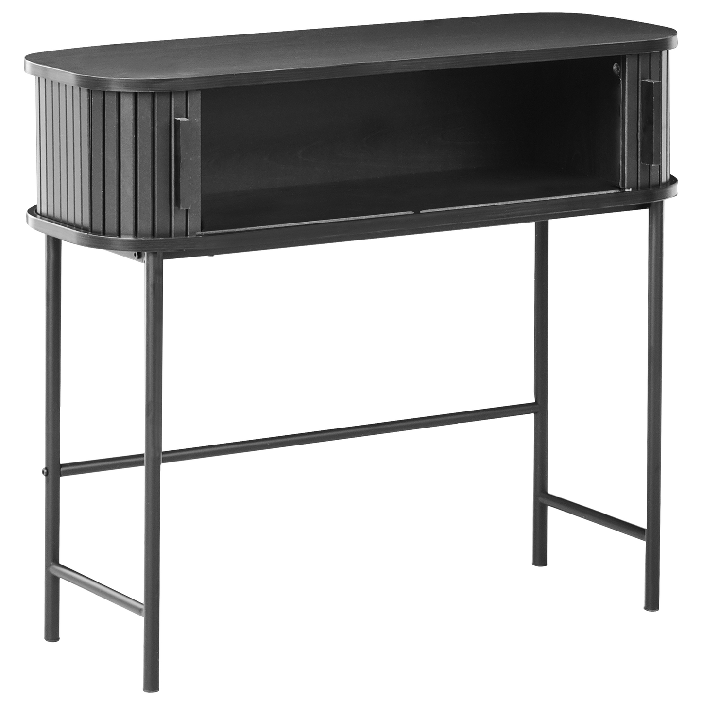 BrandName Retro Console Table Black MDF and Metal 80 x 30 cm Sliding Cabinet for Living Room