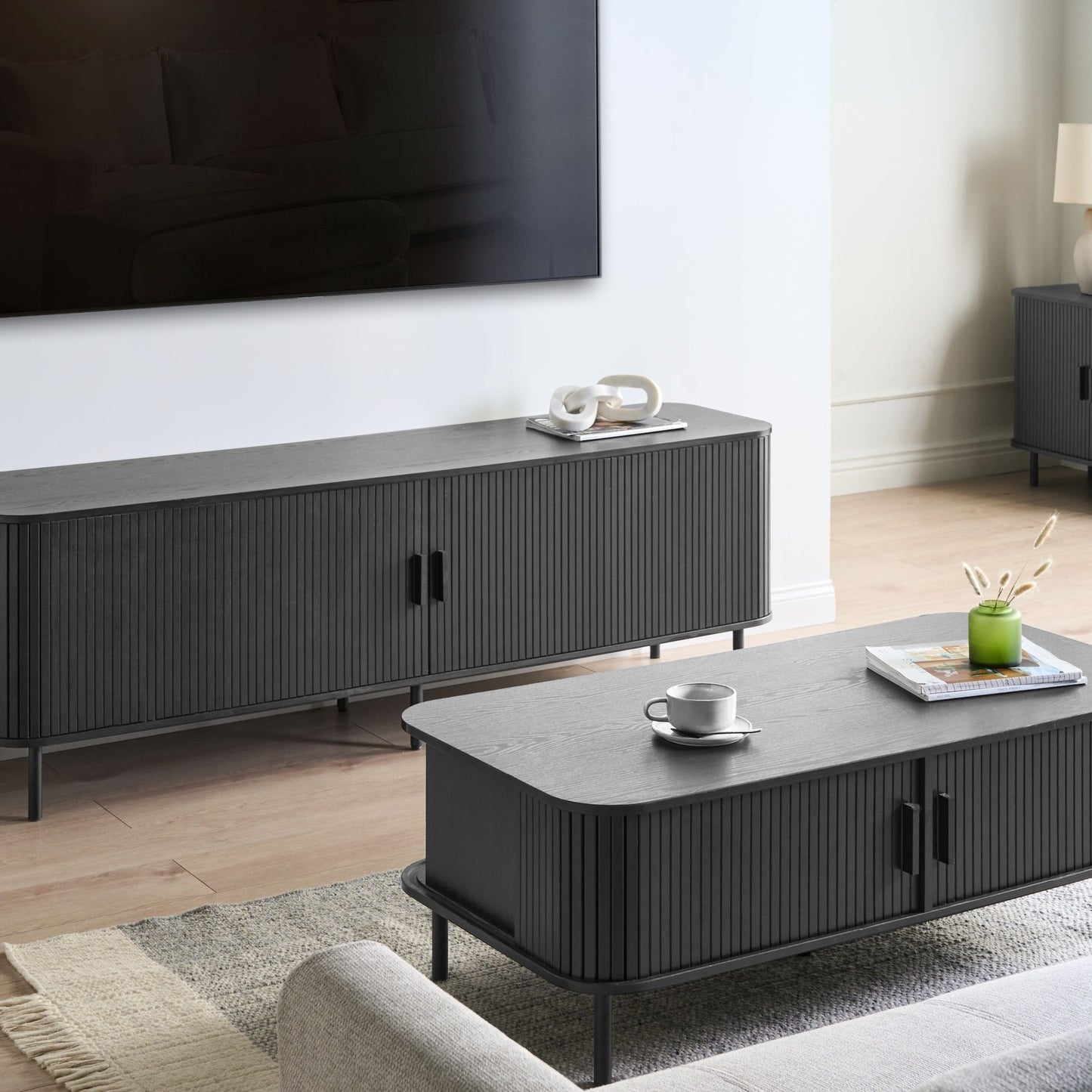 MiraHome TV Stand 54 Inch Black MDF Metal Legs Retro Sliding Cabinet