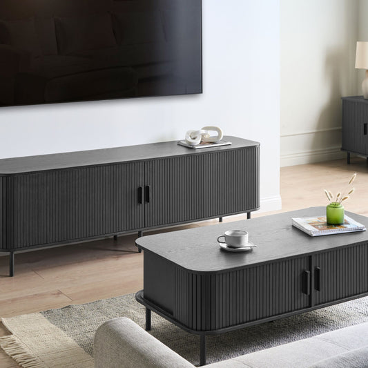 MiraHome TV Stand 54 Inch Black MDF Metal Legs Retro Sliding Cabinet