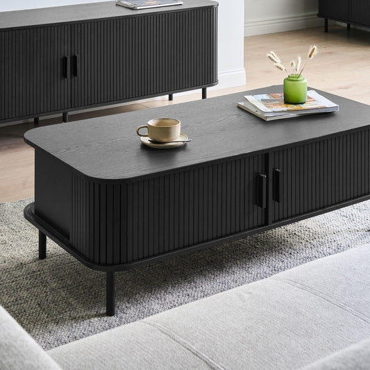 NordicNest Coffee Table Black MDF Metal Legs 120x60 Sliding Cabinet