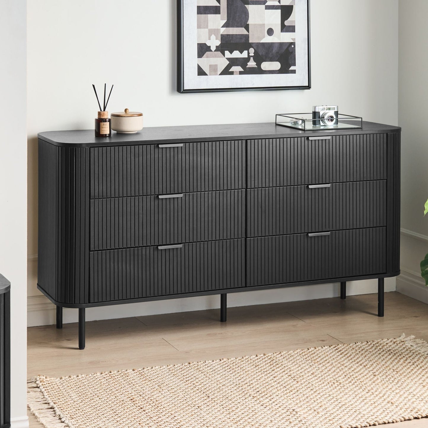 NovaLux Sideboard Black MDF Metal Legs Retro 6 Drawers