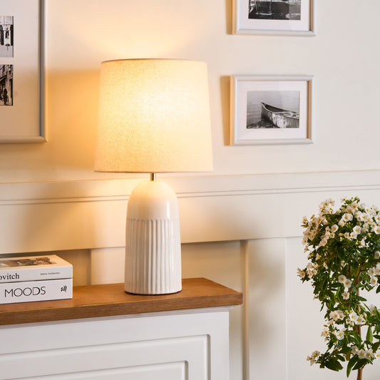 Table Lamp Off White Ceramic Base Linen Shade With Gold Accent