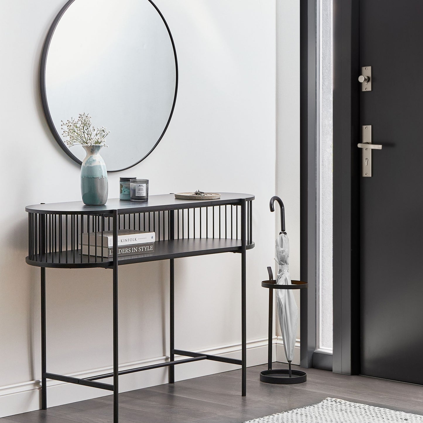 Rustic Black Console Table With One Shelf Cabinet And Industrial Metal Frame 120 x 42cm