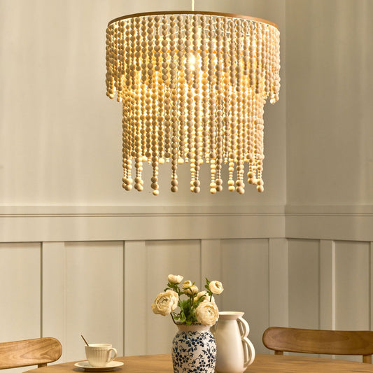 Chandelier Light Brown Rubberwood Beads 2 Tier Pendant Lamp For Living Room Dining Area Rustic Bohemian Decor