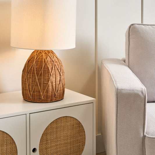 Coastline Living Handwoven Table Lamp Natural Rattan Base White Fabric Shade