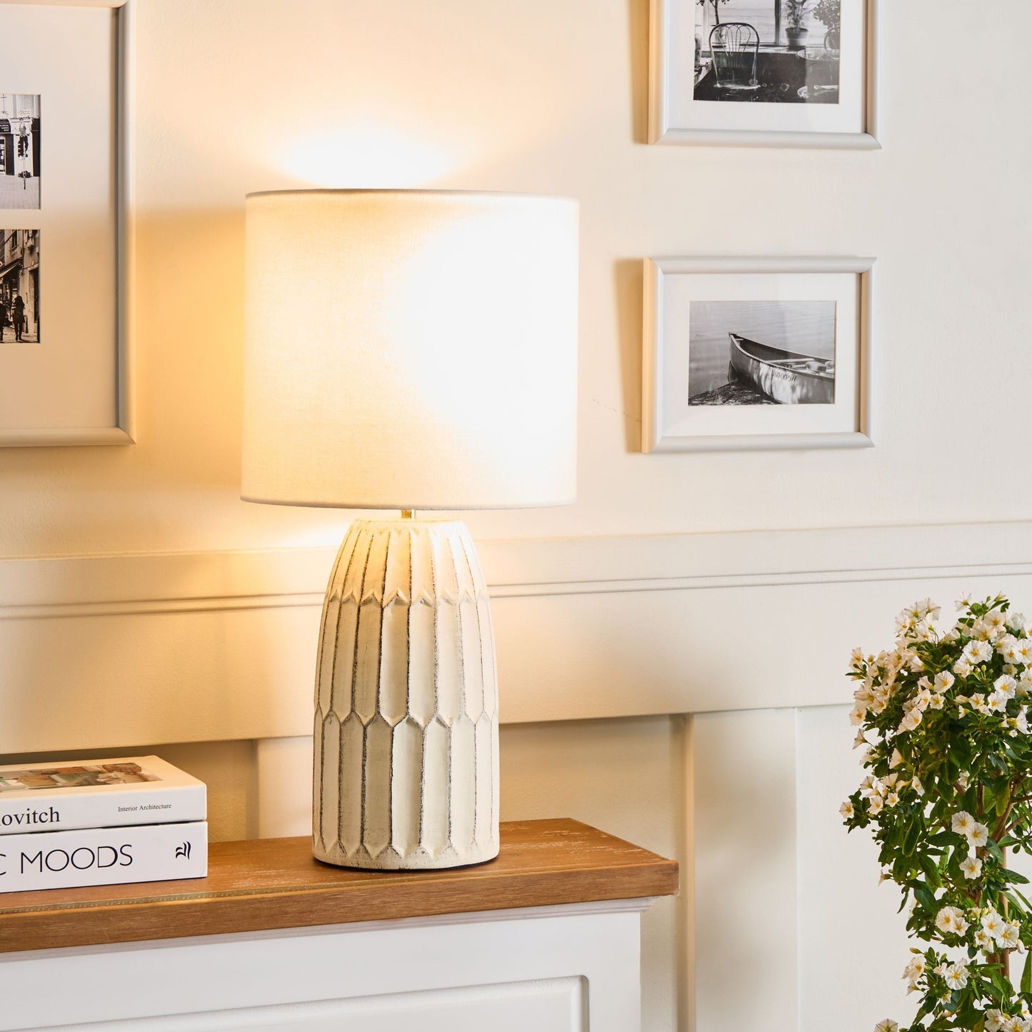 Off White Ceramic Base Table Lamp With Linen Shade For Bedside Hallway And Lounge