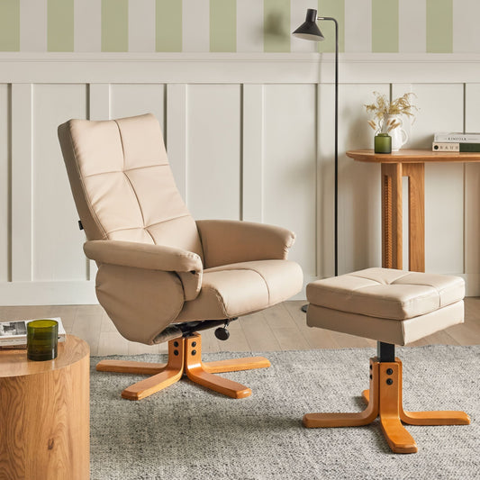 Swivel Recliner Armchair Beige Faux Leather With Footstool
