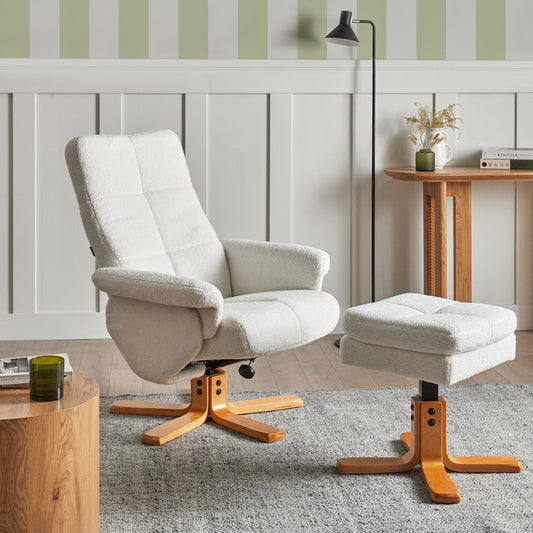 Recliner Armchair Off White Boucle With Swivel Footstool
