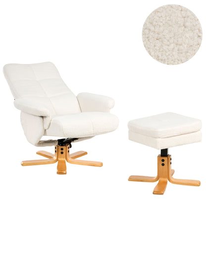 Recliner Armchair Off White Boucle With Swivel Footstool