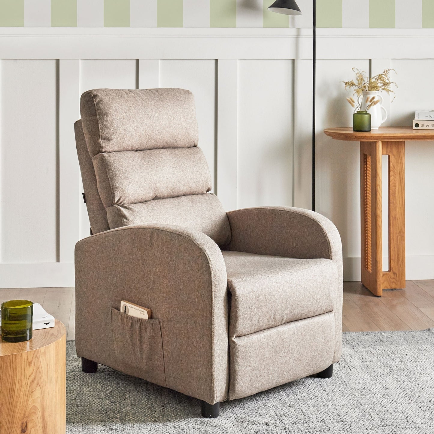 Recliner Chair Taupe Fabric Upholstery Retro Design Armchair