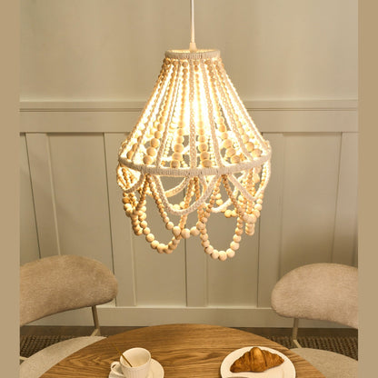 Boho Chandelier Lamp Brown Rubberwood Beads Lace