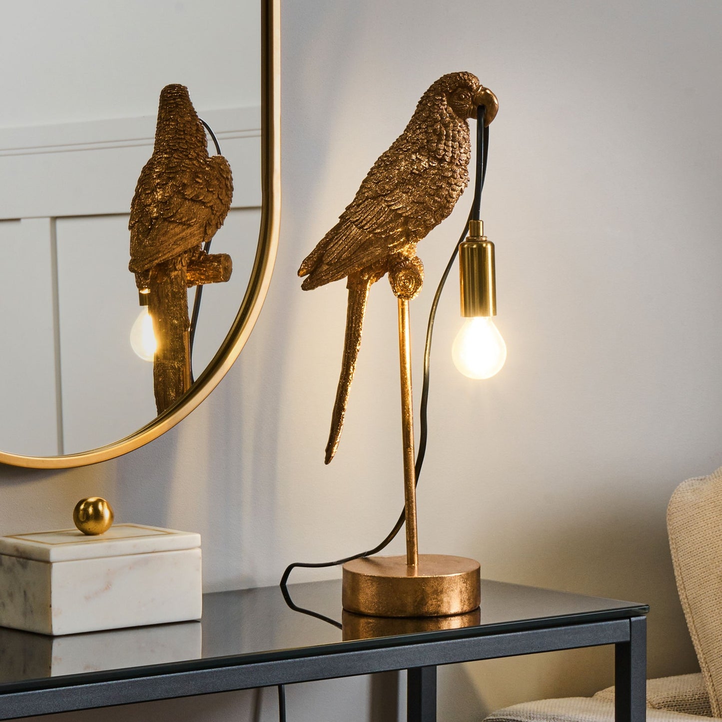 Parrot Table Lamp Gold Polyresin Bedside Light