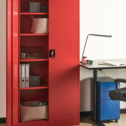 Red Steel Home Office Storage Cabinet 2 Doors 5 Shelves