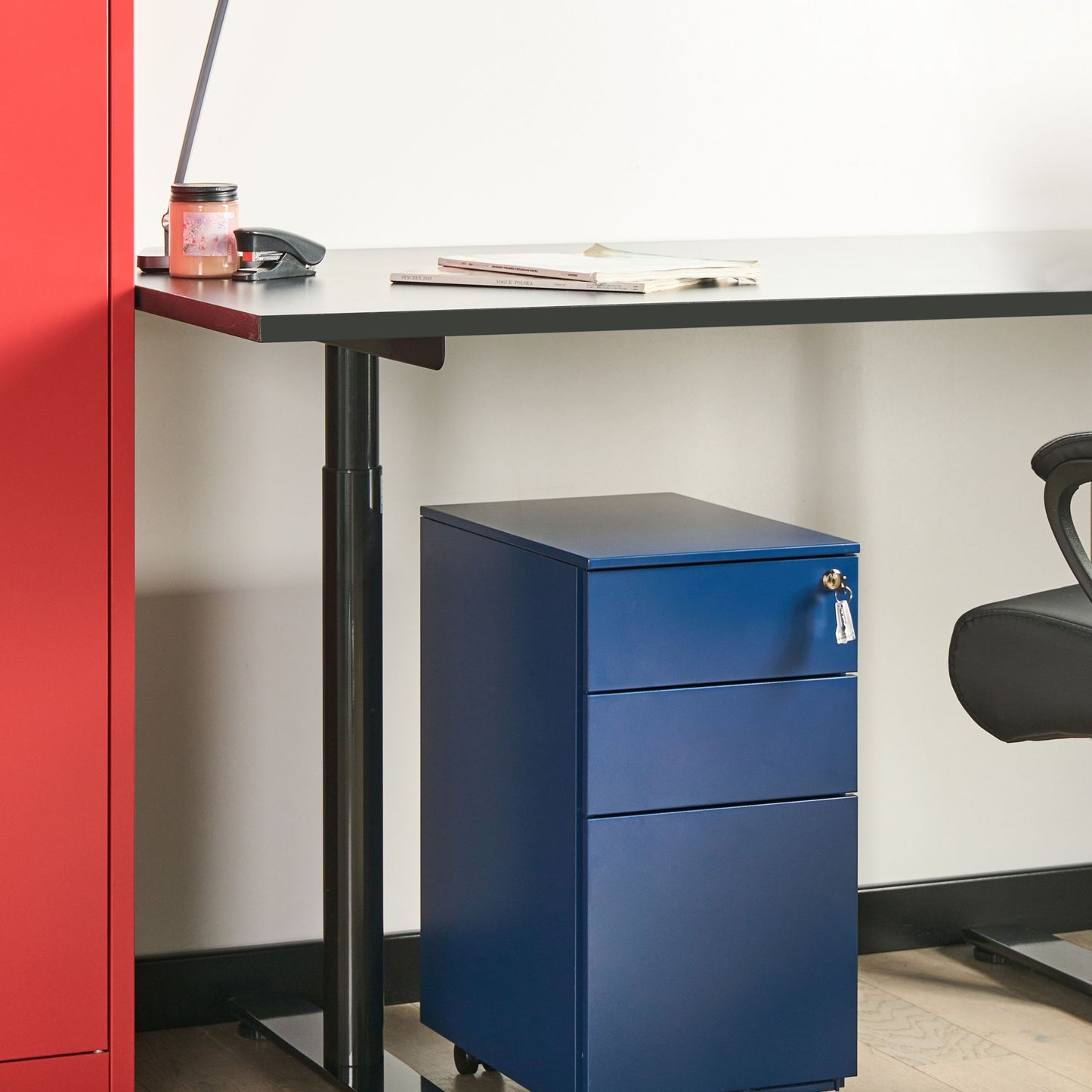 Blue Metal Cabinet With 3 Drawers Key Lock Castors