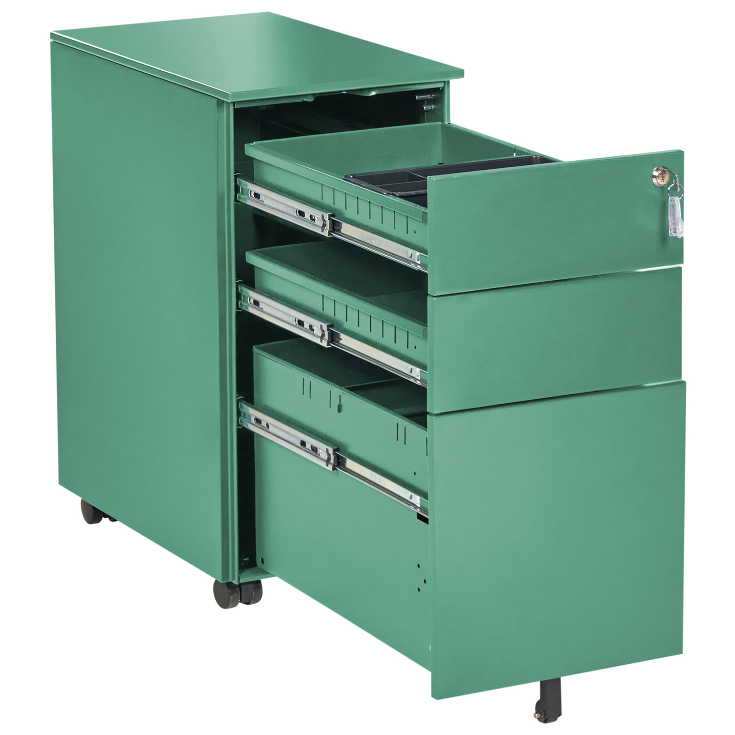 Green Metal Storage Cabinet With Three Drawers Key Lock Castors Industrial Modern Office