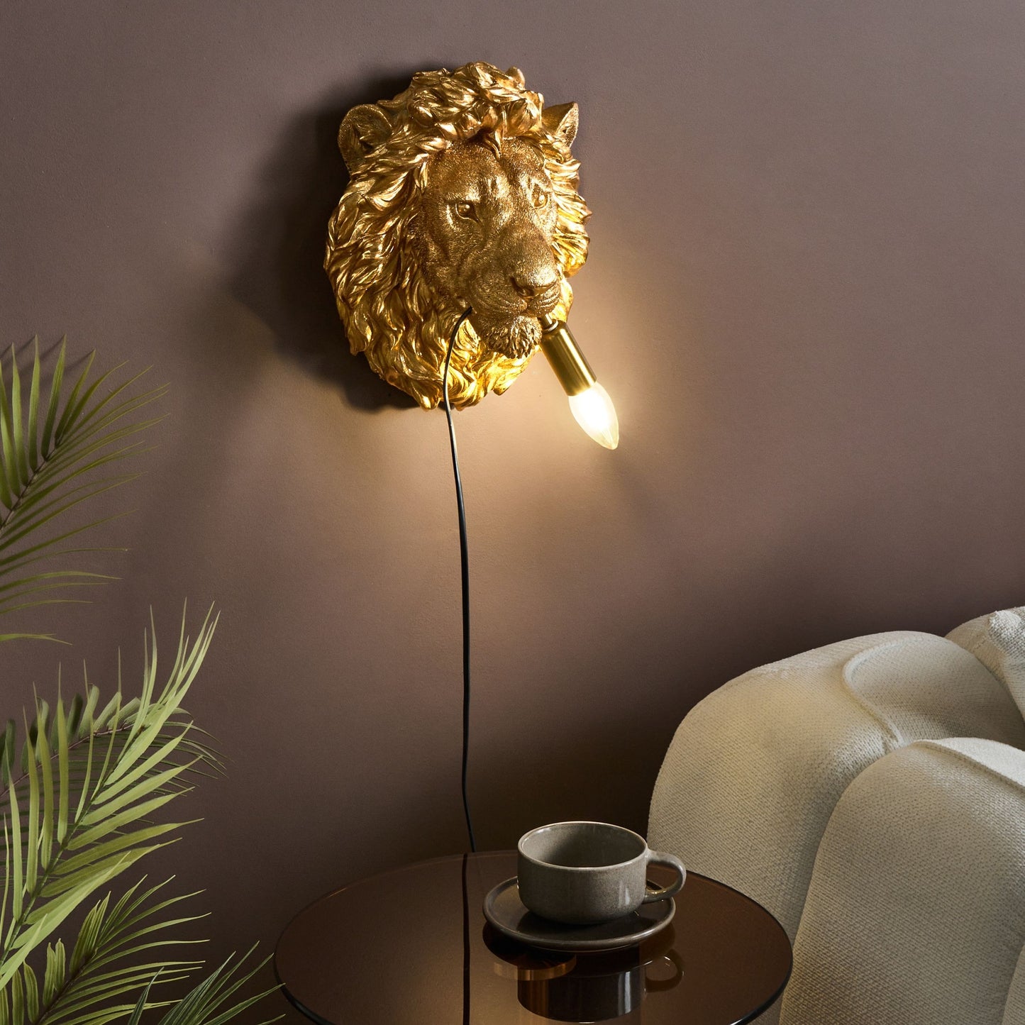 Lion Head Wall Lamp Gold Polyresin Bedside Light