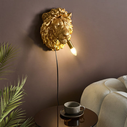 Lion Head Wall Lamp Gold Polyresin Bedside Light