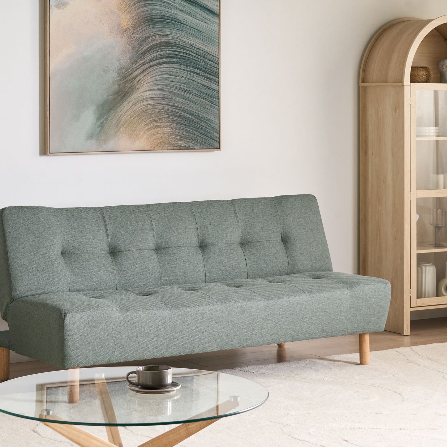 Sofa Bed Green Fabric 3 Seater With Light Wood Legs