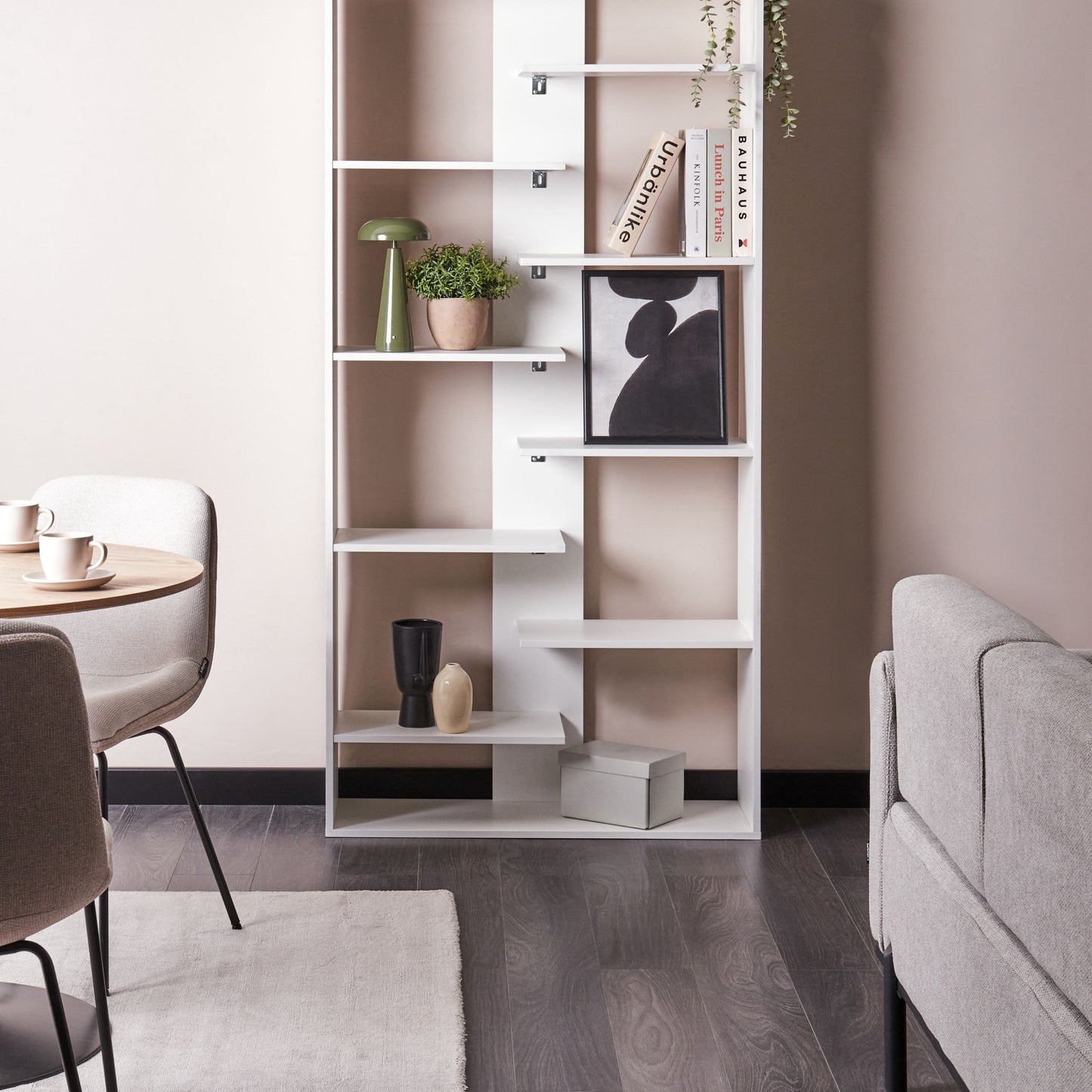 8 Tier White Bookcase Open Back Irregular Design Particle Board Storage Unit