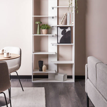 8 Tier White Bookcase Open Back Irregular Design Particle Board Storage Unit