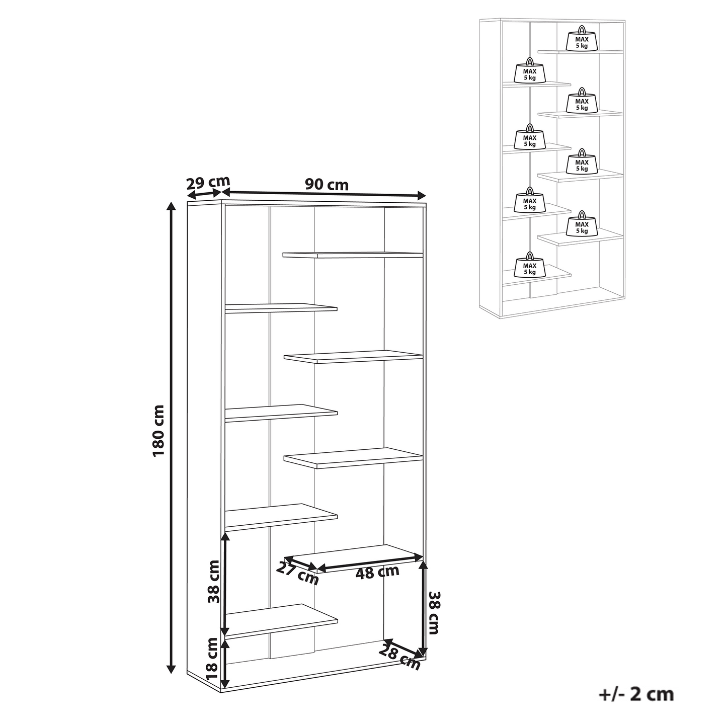 8 Tier White Bookcase Open Back Irregular Design Particle Board Storage Unit
