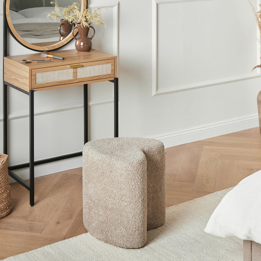 Heart Shaped Pouffe in Light Brown Chenille Upholstered Seat Cozy Living Room Accent